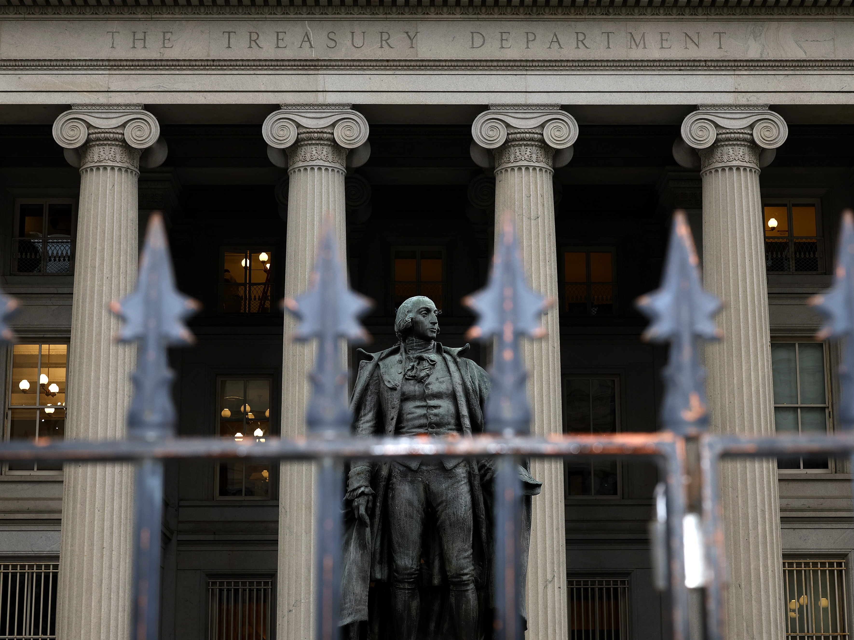 caption: A statue of Alexander Hamilton is seen outside the U.S. Department of Treasury building in a 2023 file photo.