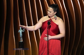 caption: Lily Gladstone accepts the award for outstanding performance by a female actor in a leading role for "Killers of the Flower Moon" during the 30th annual Screen Actors Guild Awards on Saturday, Feb. 24, 2024, at the Shrine Auditorium in Los Angeles. 