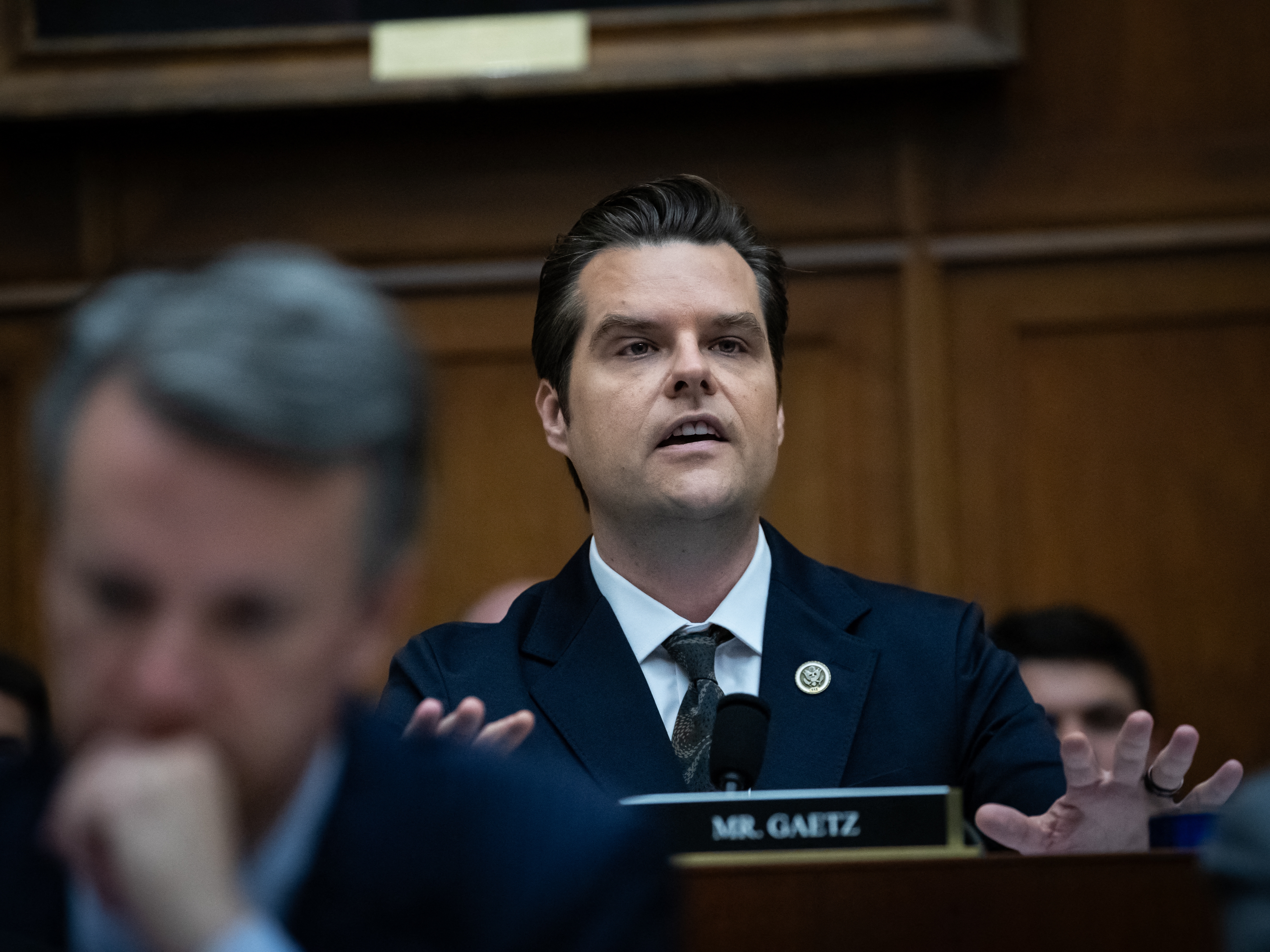 caption: Rep. Matt Gaetz, R-Fla., questions Attorney General Merrick Garland during a hearing by the House Judiciary Committee, on June 4. President-elect Donald Trump announced his intent to nominate Gaetz to head up the Department of Justice Wednesday.