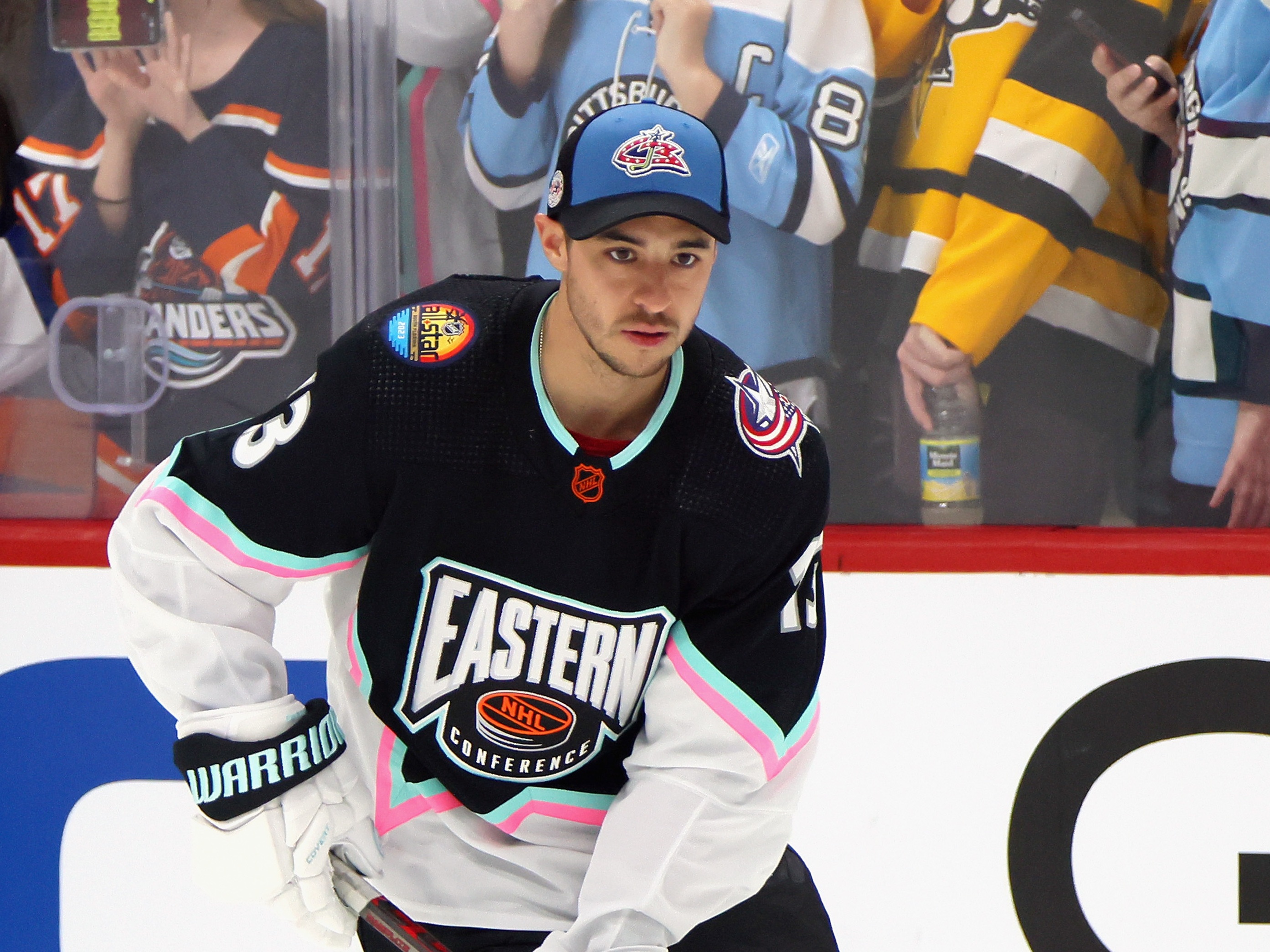 caption: Johnny Gaudreau, seen here skating in warmups before last year's NHL All-Star Game.