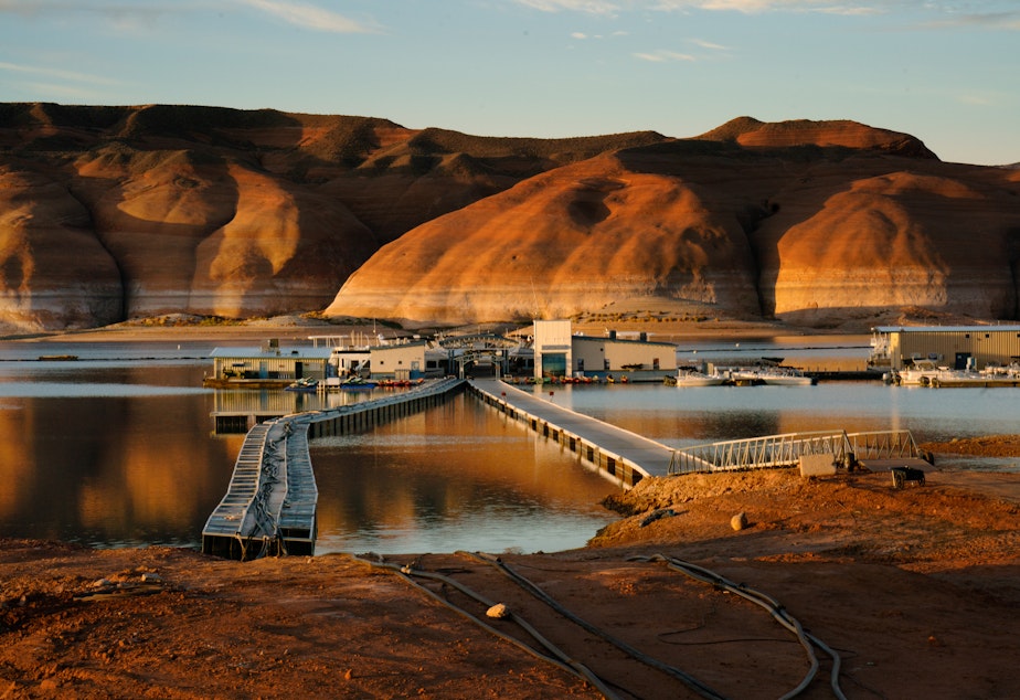 caption: Water levels at Lake Powell, the nation's second-largest reservoir, have dropped by more than 150 feet in the ongoing megadrought.