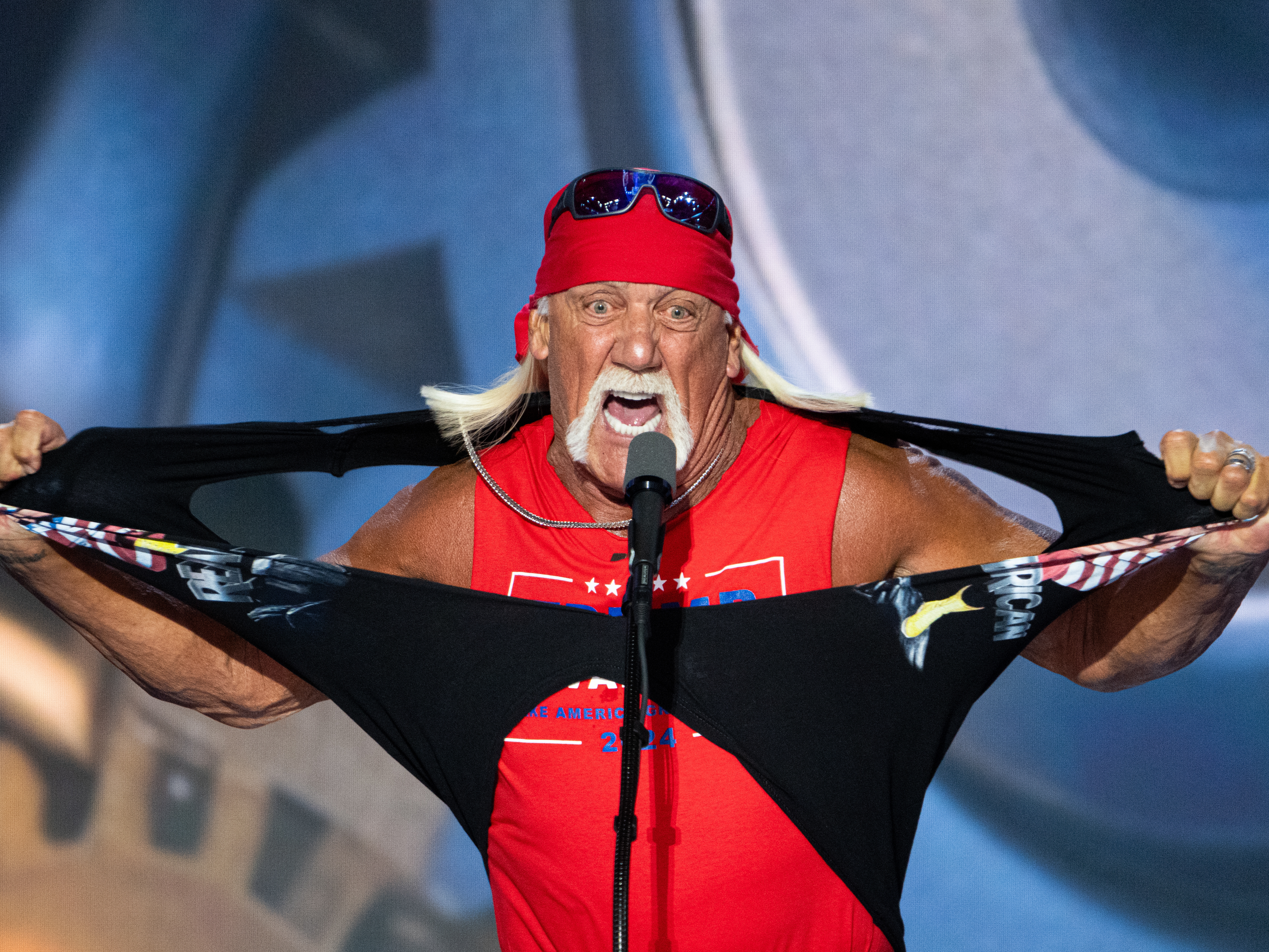 caption: Hulk Hogan, the longtime pro wrestler whose real name is Terry Bollea, is on the recently released roster of speakers for the convention’s final night, slated to speak in the run up to former President Donald Trump’s address.