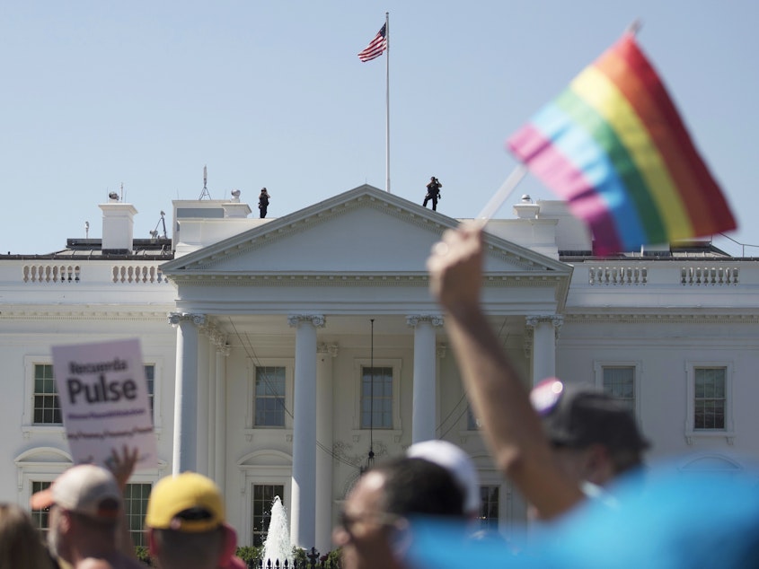 caption: The Biden administration says the government will protect gay and transgender people against sex discrimination in health care. In this 2017 photo, Equality March for Unity and Pride participants march past the White House in Washington.