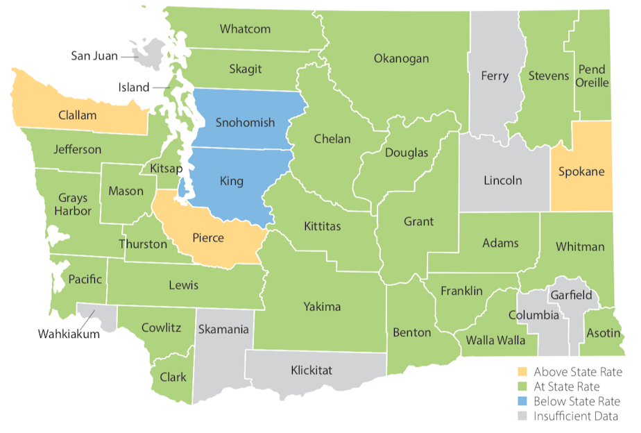 caption: Infant mortality rates in the state of Washington, broken down by county. Source: Data from Washington Department of Health, Infant Mortality Reduction Report, December 2017.