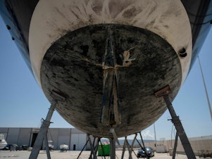 caption: A picture taken on May 31 shows the rudder of a vessel damaged by killer whales (<em>Orcinus orca</em>) while sailing in the Strait of Gibraltar and taken for repairs at the Pecci Shipyards in Barbate, near Cadiz, southern Spain.