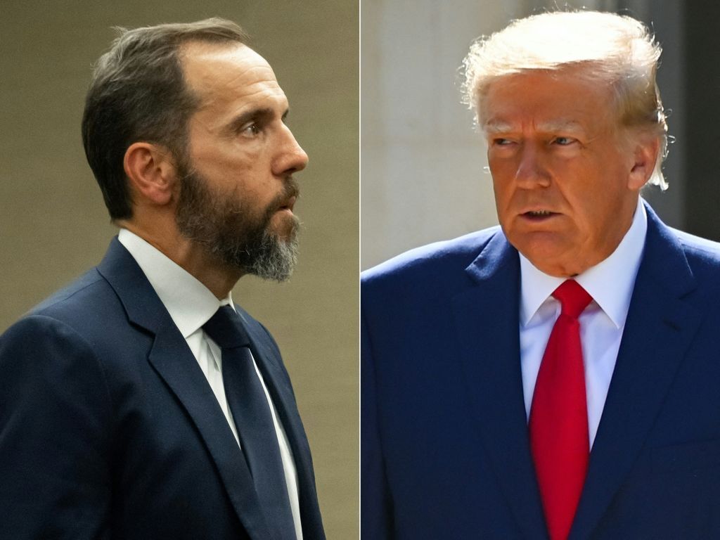 caption: This combination of pictures shows special counsel Jack Smith in Washington, D.C., in August 2023 and President-elect Donald Trump in Palm Beach, Fla., in November 2022.