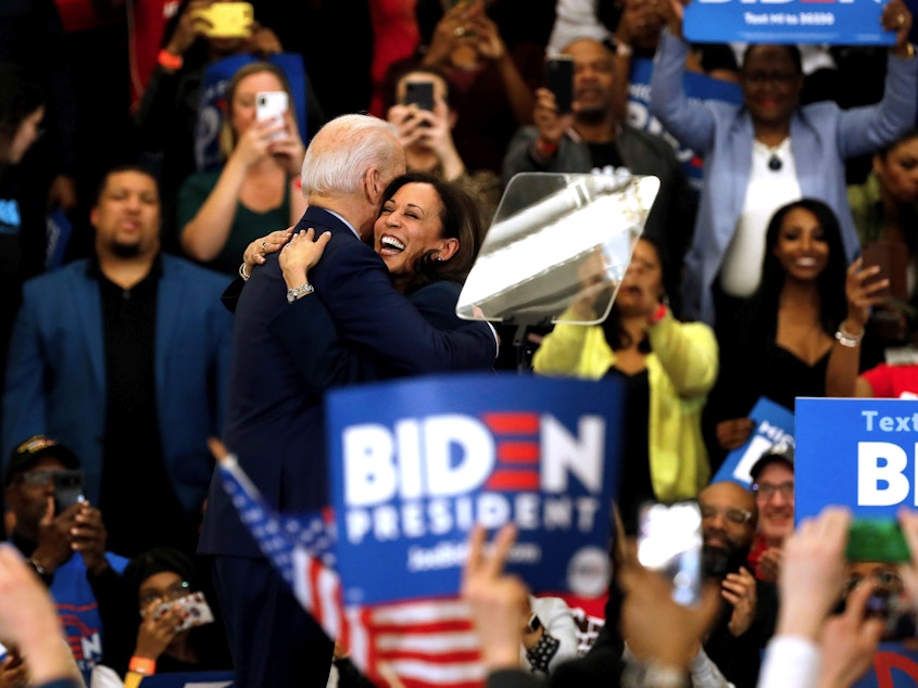 caption: Kamala Harris and Joe Biden, seen here in March, will formally introduce their presidential ticket Wednesday in Delaware, after Biden named Harris his running mate.
