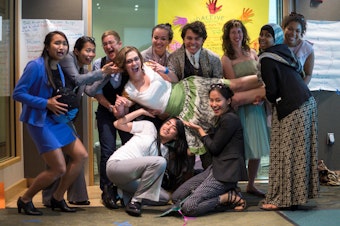 caption: RadioActive Summer 2014 youth producers and mentors, all dressed up and ready to make radio! 