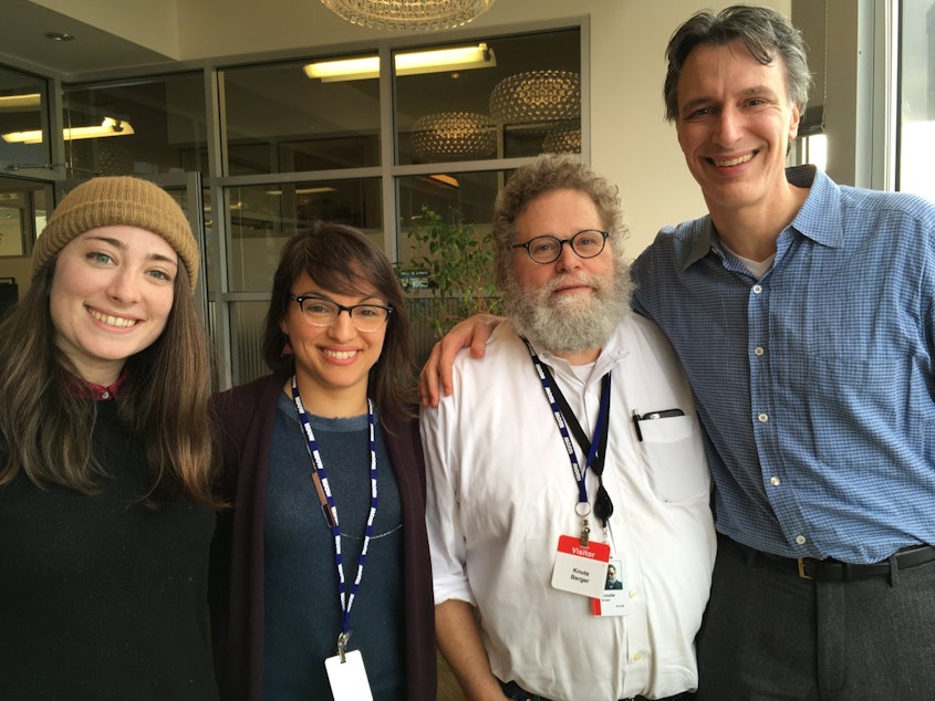 caption: L-R: Sydney Brownstone, Mónica Guzmán, Knute Berger, Bill Radke