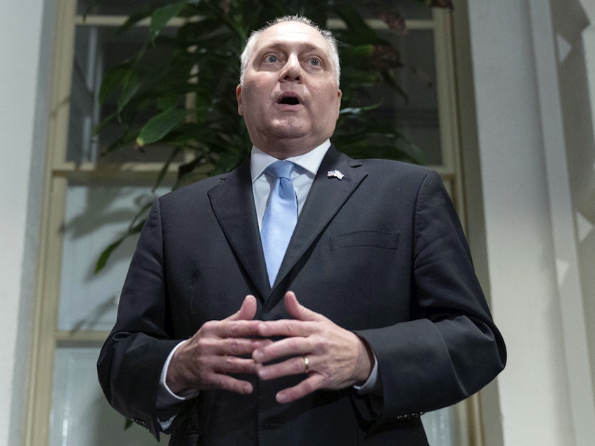 caption: House Majority Leader Steve Scalise, R-La., talks to reporters as he announces that he is ending his campaign to be the next House speaker, after a Republican meeting at the U.S. Capitol on Oct. 12.