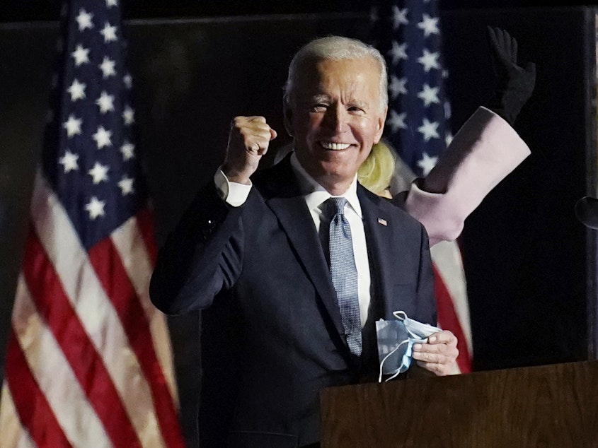 caption: Joe Biden rallied supporters Wednesday, Nov. 4, in Wilmington, Del. Though he is now U.S. president-elect, Biden will have to await outcomes of January run-off races in the Senate to know much support he's likely to get there for his health care agenda.