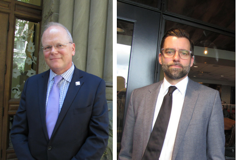 caption: Daron Morris (right) resigned as a public defender in King County to see the prosecutor's job in November to take on incumbent King County prosecutor Dan Satterberg (left).