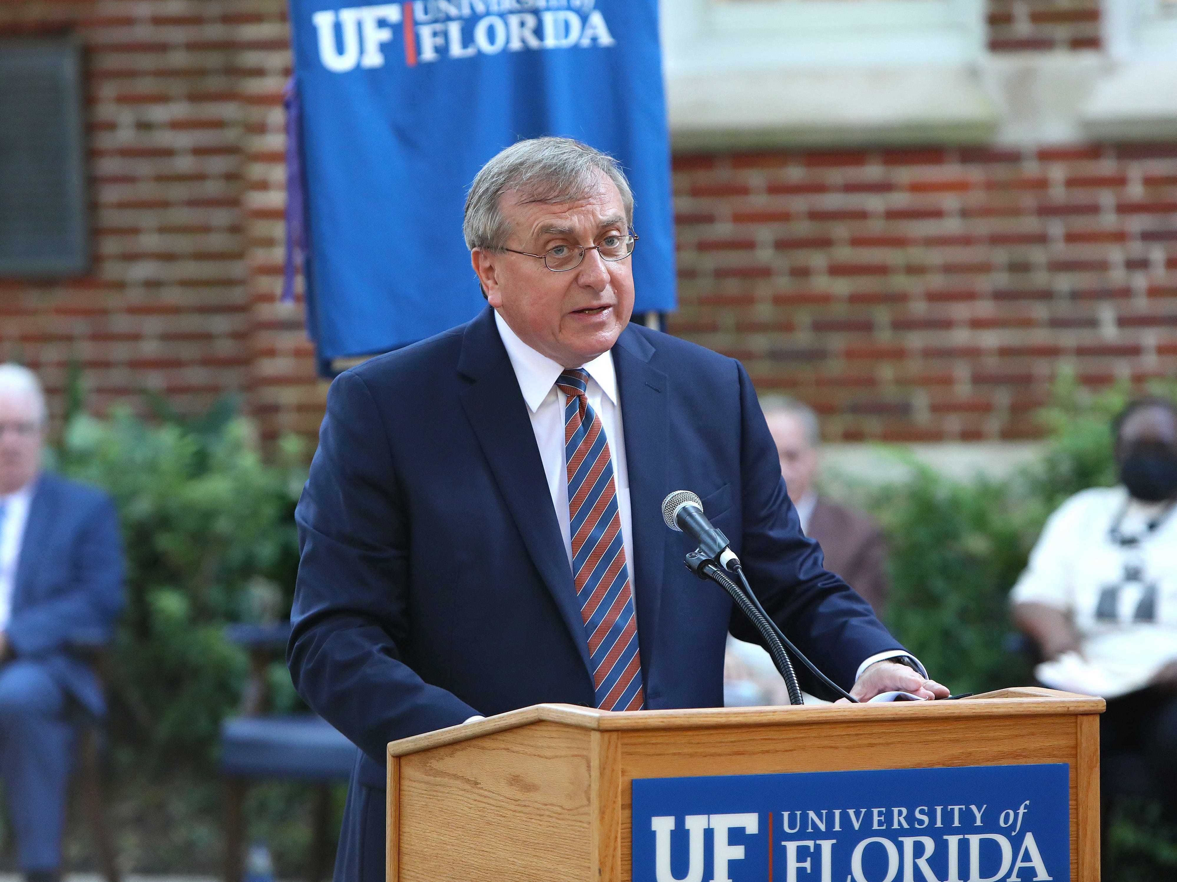 caption: Kent Fuchs, the president of the University of Florida, delivers comments during a ceremony in Gainesville, Fla., on Sept. 15.
