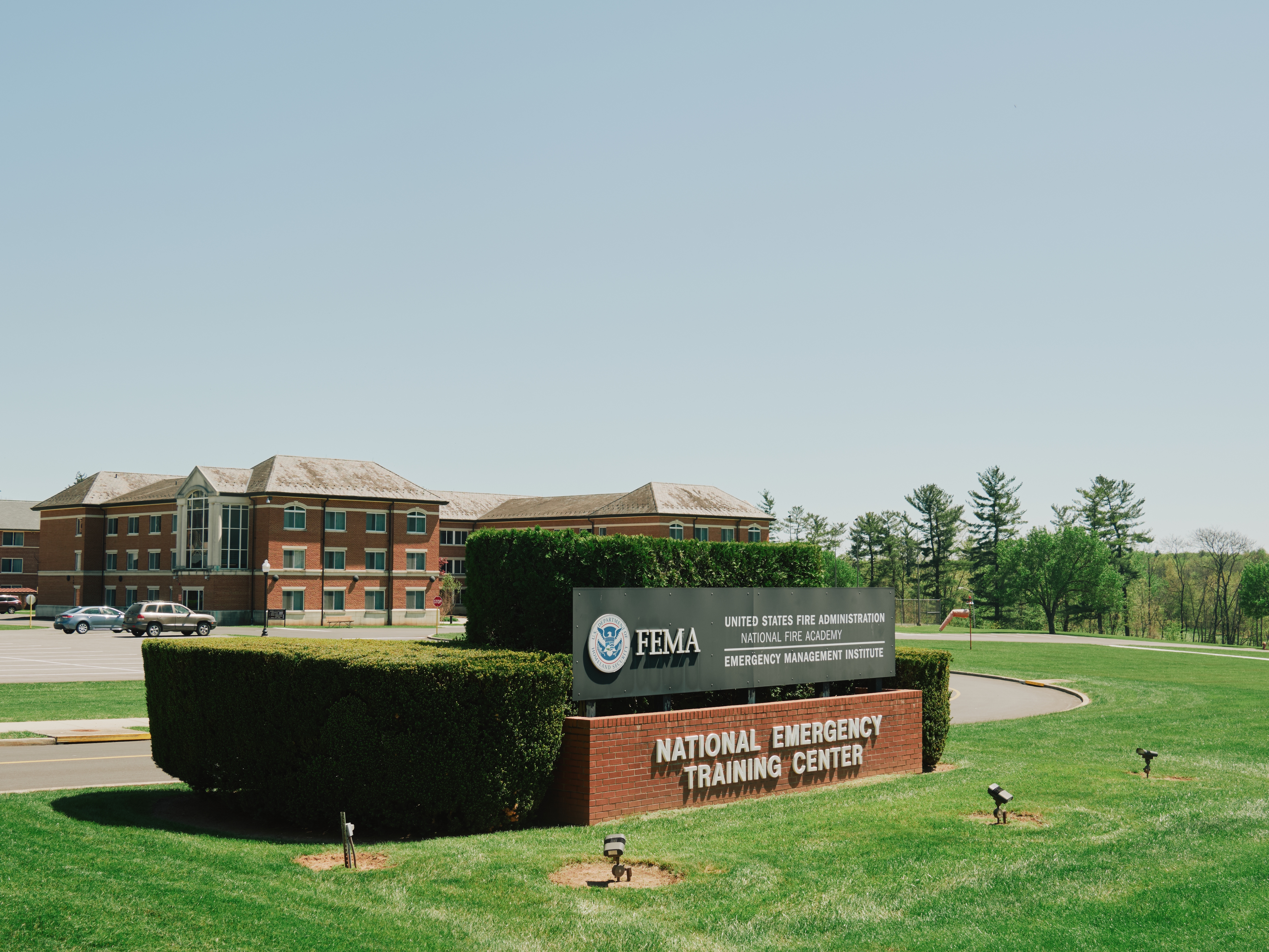caption: The National Fire Academy sits inside this complex in Emmitsburg in Western Maryland. Thousands of firefighters come here for training each year, but the Trump administration cancelled in-person classes in early March seemingly to cut costs.