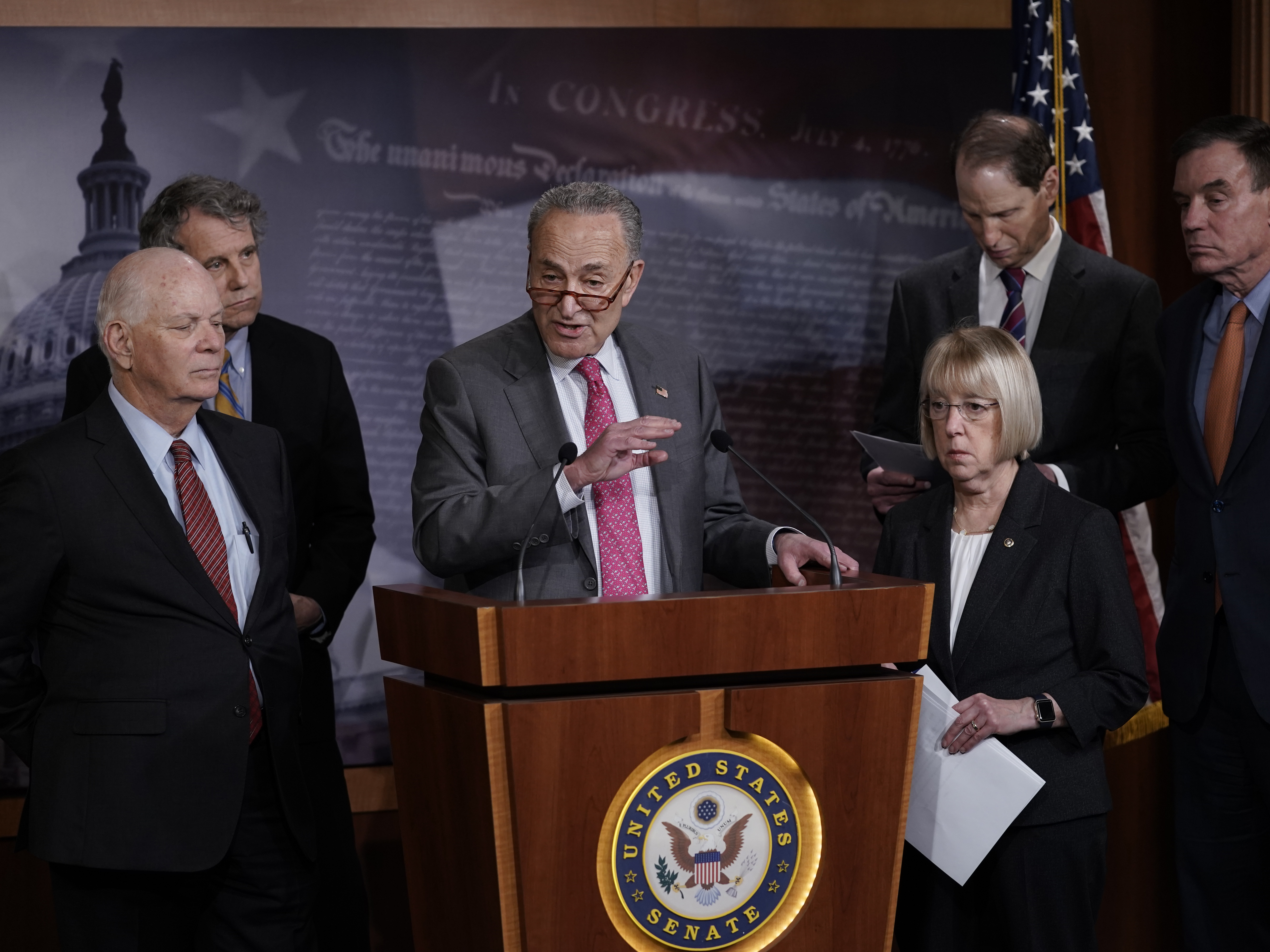 caption: Senate Minority Leader Chuck Schumer, D-N.Y., and fellow Democrats hold a news conference to discuss emergency paid sick leave to assist people whose jobs are impacted by the coronavirus outbreak.