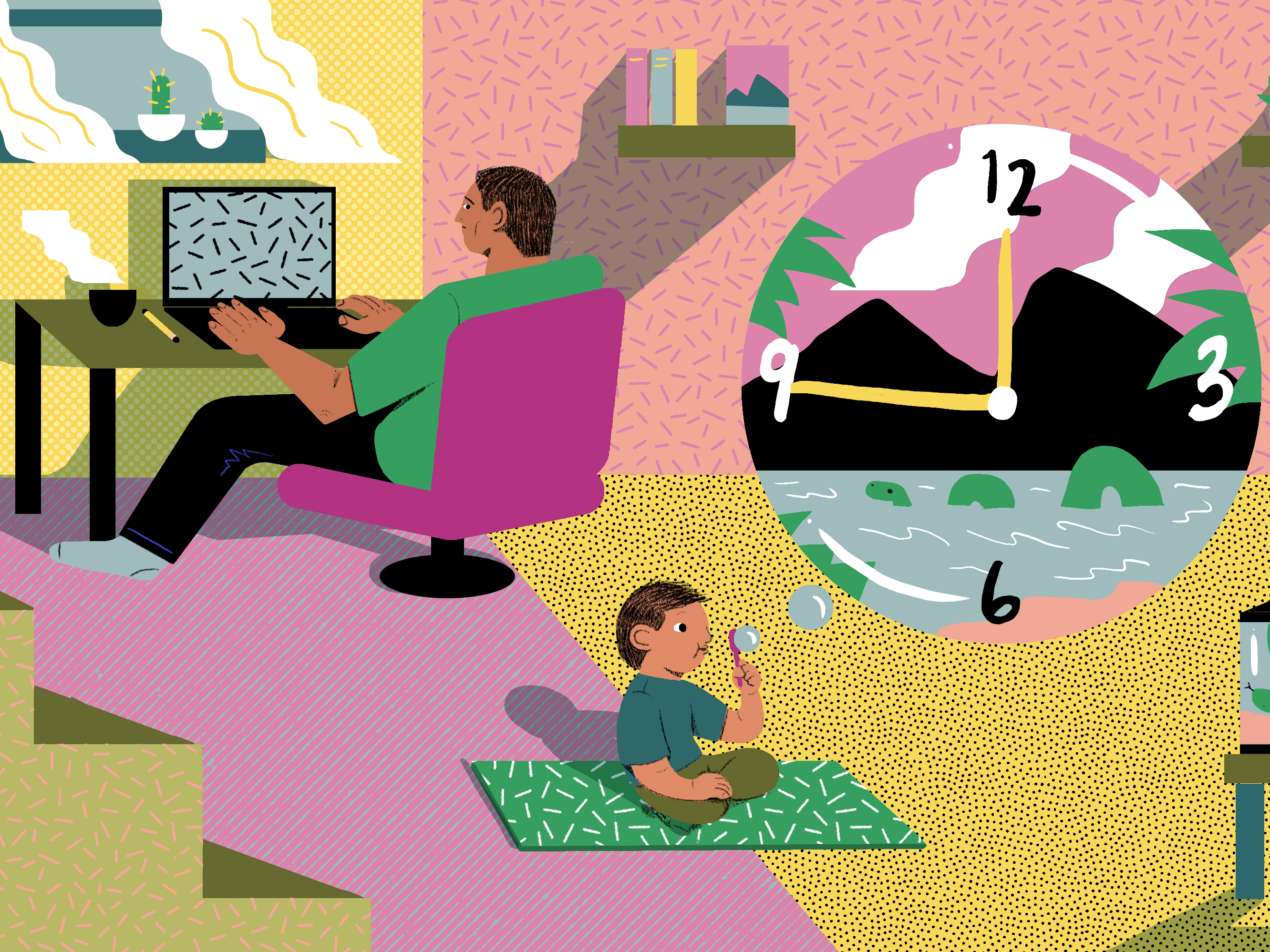 A parent works on a computer as their child plays on the floor. A clock looms over them both.