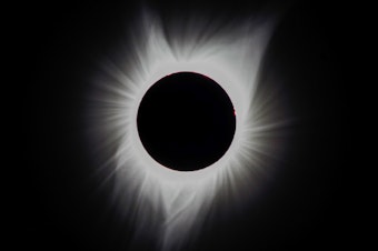 caption: The moment of totality during a solar eclipse in Glendo, Wyo., on Aug. 21, 2017.