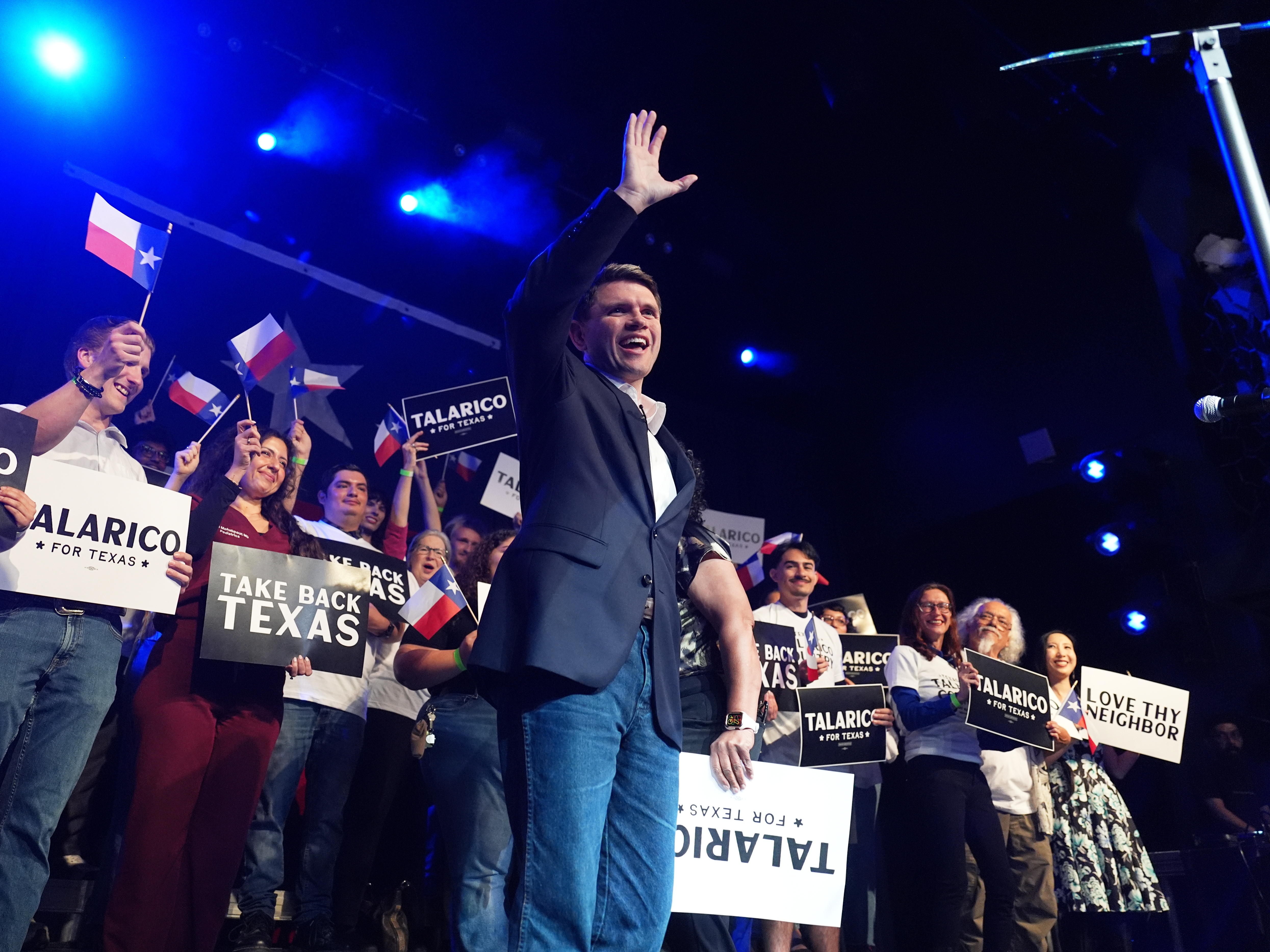 caption: Texas Democratic Senate candidate Texas state Rep. James Talarico waves to the crowd before speaking Mar. 4 in Austin. Talarico raised $27m in the first quarter of 2026, leading a pack of Democrats who outraised Republicans in several key Senate matchups.