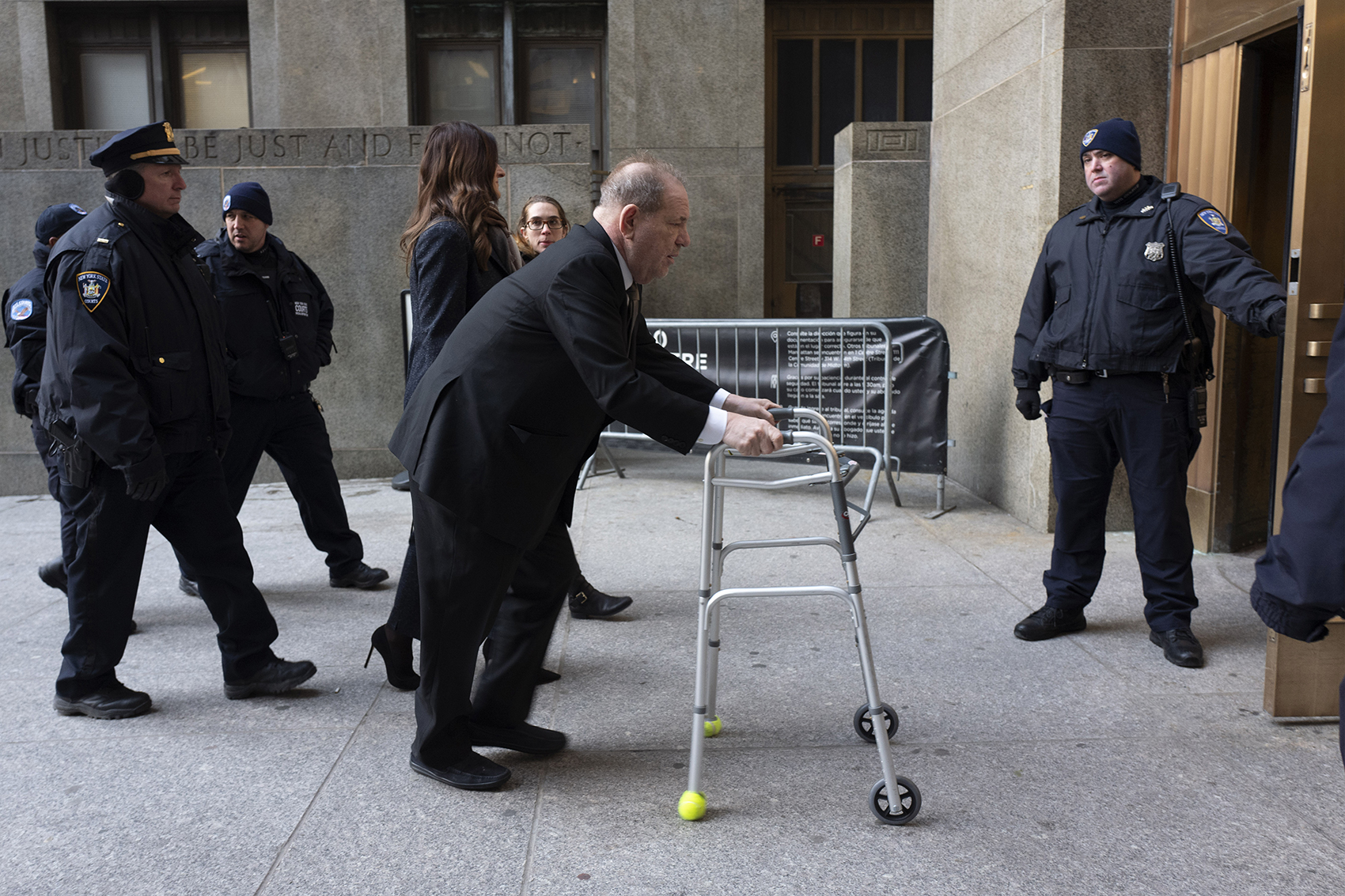caption: Harvey Weinstein arrives at court for jury selection in his sexual assault trial Wednesday, Jan. 8, 2020, in New York. (Mark Lennihan/AP)
