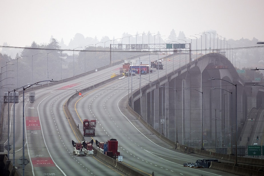 caption: The West Seattle Bridge is shown shrouded in wildfire smoke, Thursday, September 17, 2020, in Seattle. 