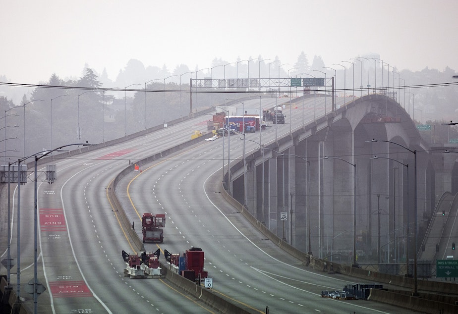 caption: The West Seattle Bridge is shown shrouded in wildfire smoke, Thursday, September 17, 2020, in Seattle. 