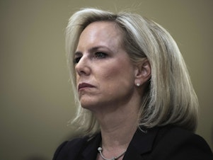 caption: Secretary of Homeland Security Kirstjen Nielsen is leaving her post, President Trump announced Sunday. Here she testifies on Capitol Hill on March 6.