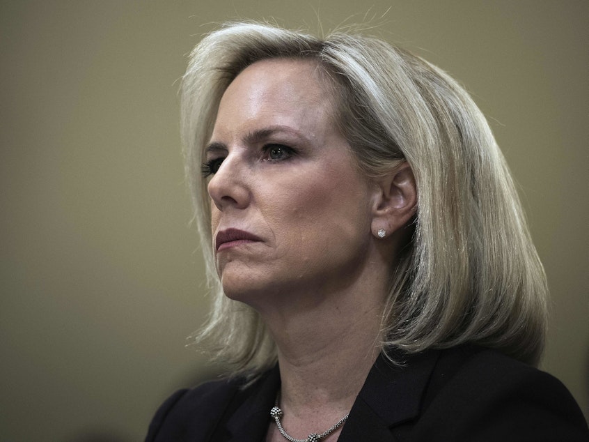 caption: Secretary of Homeland Security Kirstjen Nielsen is leaving her post, President Trump announced Sunday. Here she testifies on Capitol Hill on March 6.