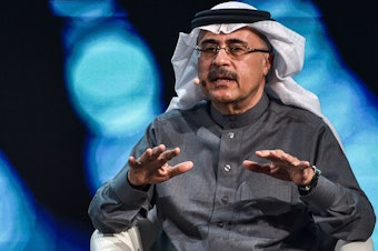 caption: Amin Nasser, president and chief executive officer of Saudi Aramco, speaks during the fourth edition of the Future Investment Initiative conference at the Ritz-Carlton hotel on Jan. 27, in Riyadh, Saudi Arabia.