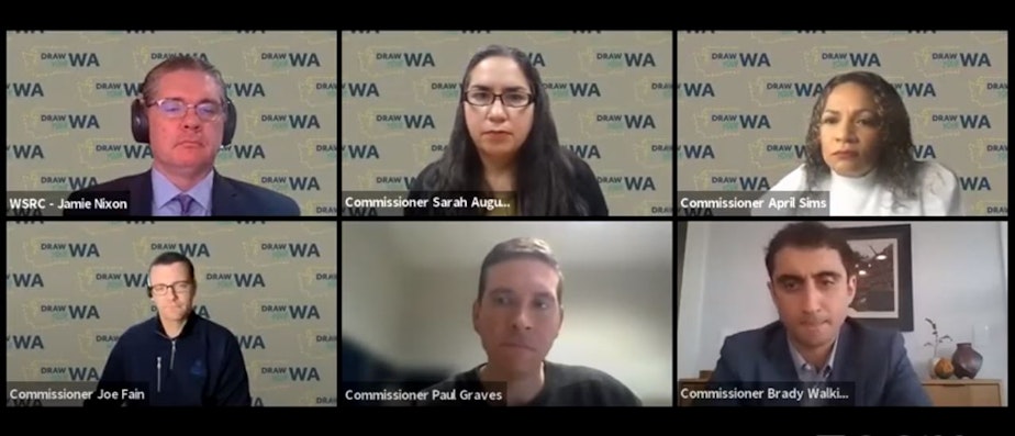 caption: Top row, from left: Washington State Redistricting Commission Communications Director Jamie Nixon, Chair Sarah Augustine and Commissioner April Sims
Bottom row, from left: Commissioners Joe Fain, Paul Graves and Brady Walkinshaw