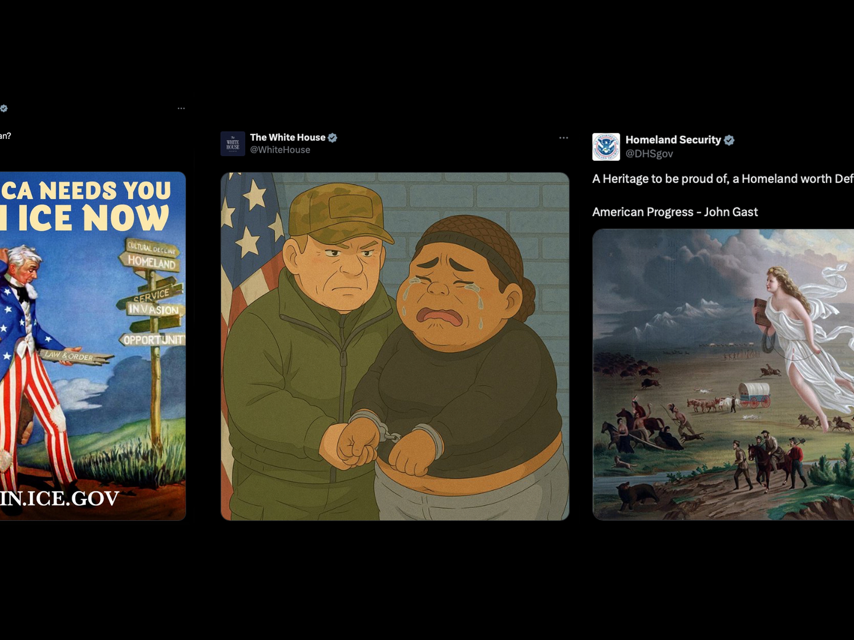 caption: White supremacist tropes and ironic viral jokes posted on official government social media accounts illustrate the Trump administration's project of redefining who belongs in the United States.