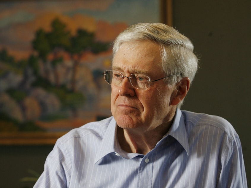 caption: Charles Koch, head of Koch Industries, spoke against "protectionism" at a gathering of political donors last week.