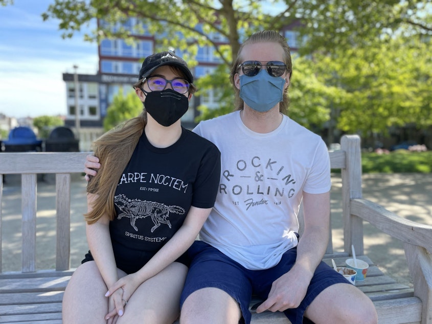 caption: Taylor Hobbs and Braeden Turner are concerned that rising rents in Bellevue could push people on lower salaries out. Hobbs works as a researcher at the UW, Turner is currently unemployed.