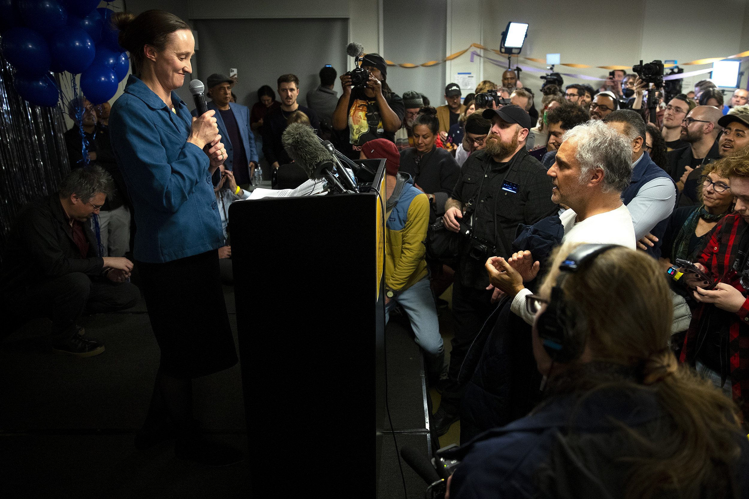 caption: City of Seattle mayoral candidate Katie Wilson speaks to supporters on Tuesday, November 4, 2025, at El Centro de la Raza in Seattle. 