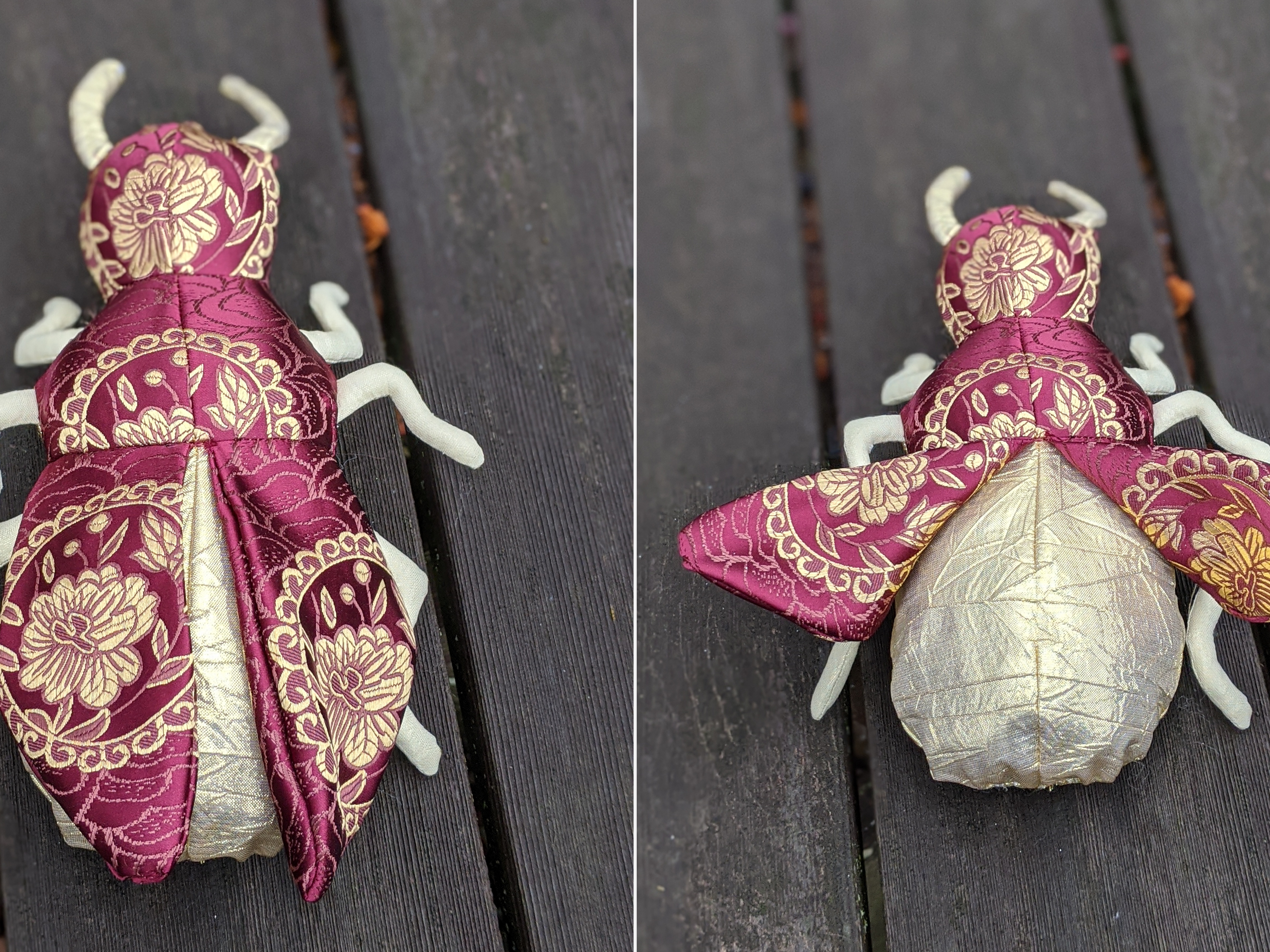 caption: Beth Patton's favorite gift she's given through the holiday exchanges this year was inspired by her anonymous recipient's fondness for antiques and beetles. She made a stuffed beetle plushie using antique brocade fabrics she found. "Making a stranger's Christmas is just really fun," Patton said.