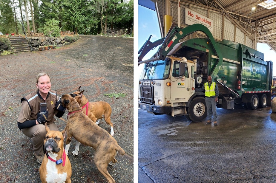 caption: Laurel Gemmel (L) and Richard Mason-Oglesby (R) are "essential" workers under Governor Jay Inslee's definition