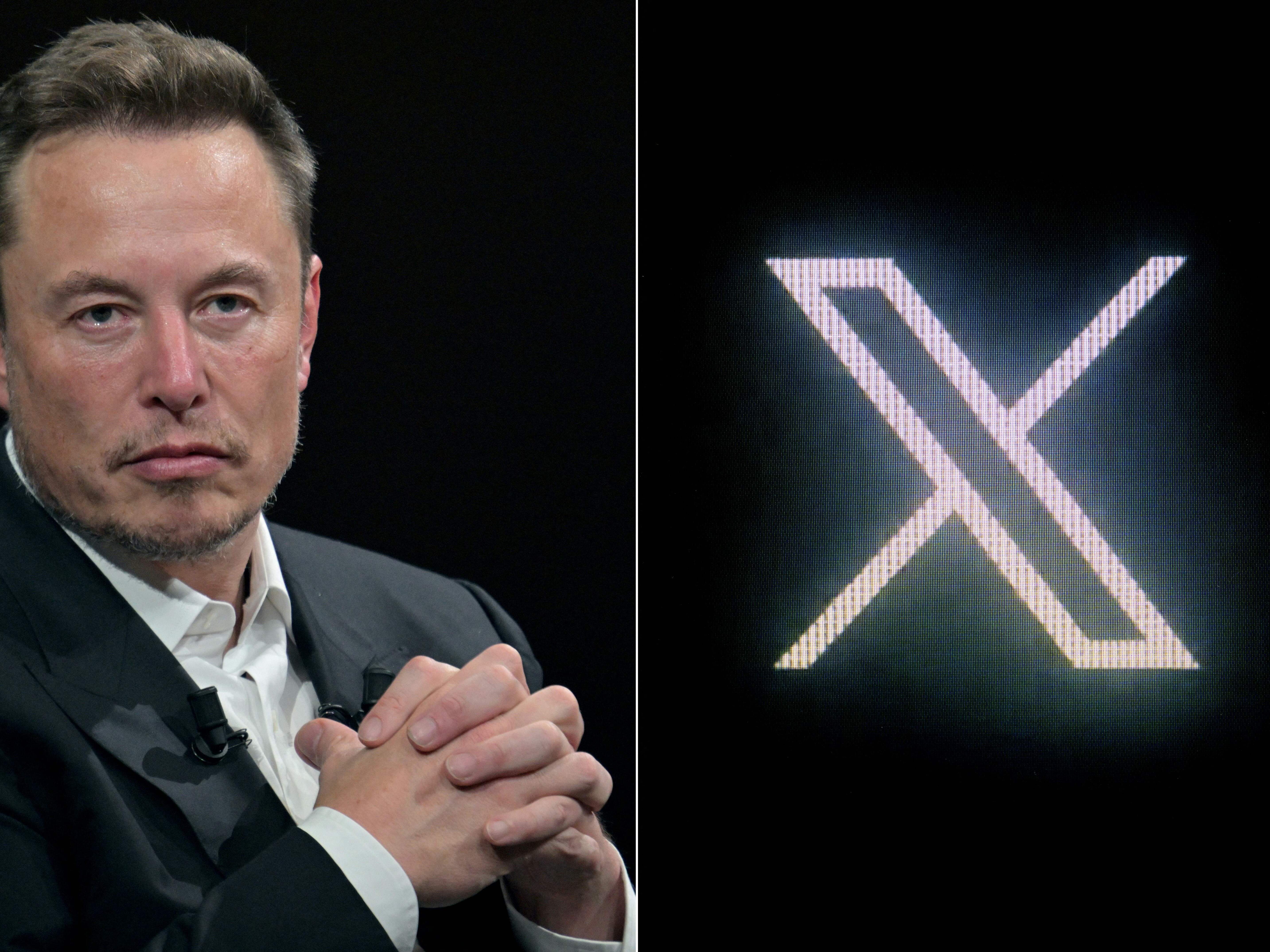 caption: Elon Musk says he will fight charges of violating Europe's Digital Services Act. Musk during a visit at the Vivatech technology startups and innovation fair in Paris, on June 16, 2023 and (R) the new Twitter logo rebranded as X, pictured on a screen in Paris on July 24, 2023.