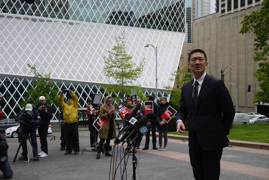 caption: Hawaii Attorney General Doug Chin outside the U.S. Court of Appeals in Seattle