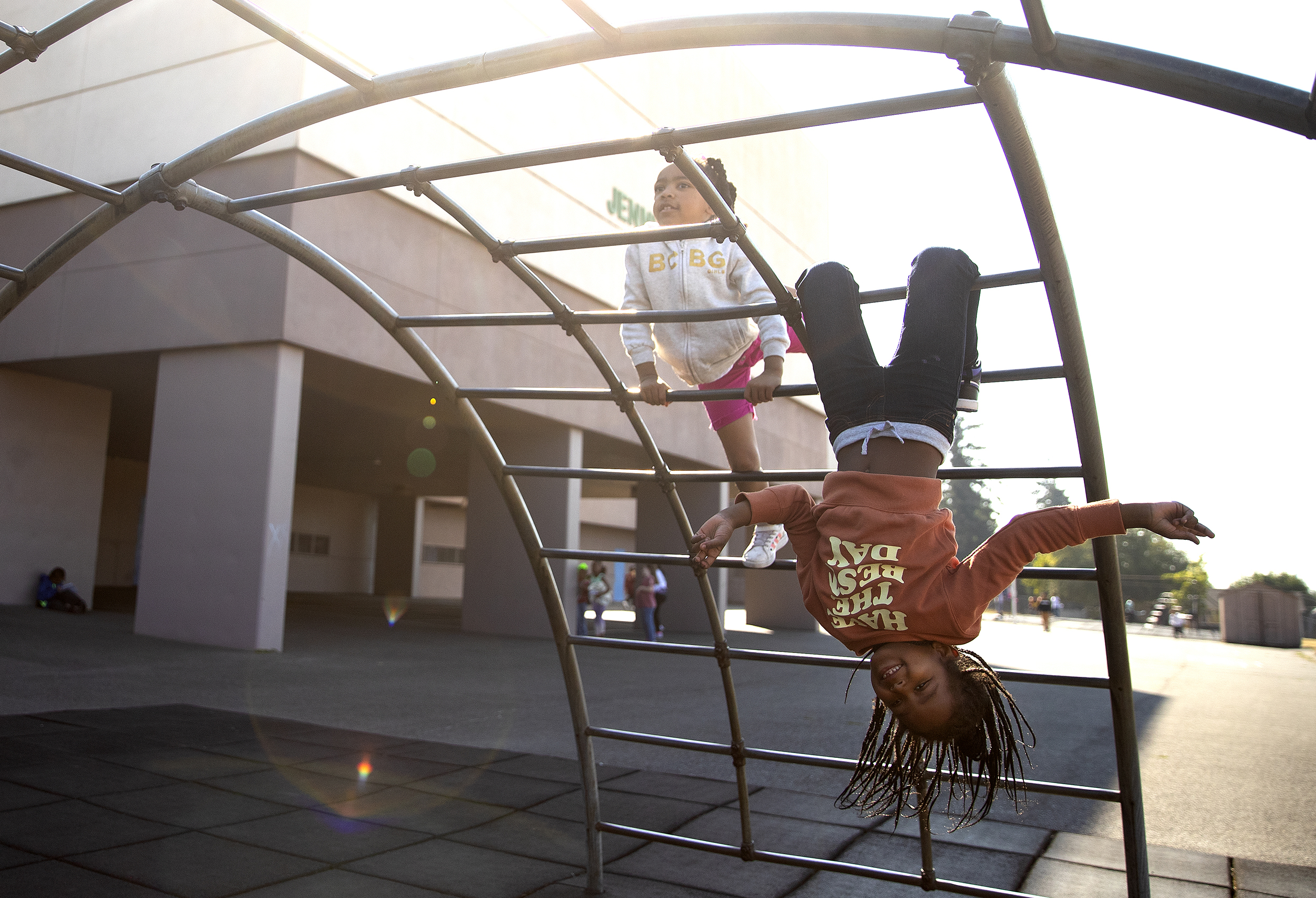 caption: Jaida Dickson, left, and Malayew Washington, 1st-grade-students at Jennie Reed Elementary, play during recess on Monday, September 26, 2022, in Tacoma. 