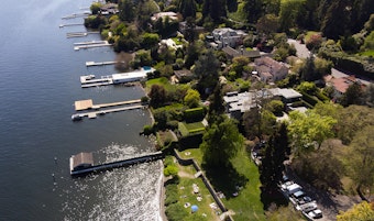 caption: An aerial view of Denny Blaine Park is shown on Friday, April 19, 2024, in Seattle. 