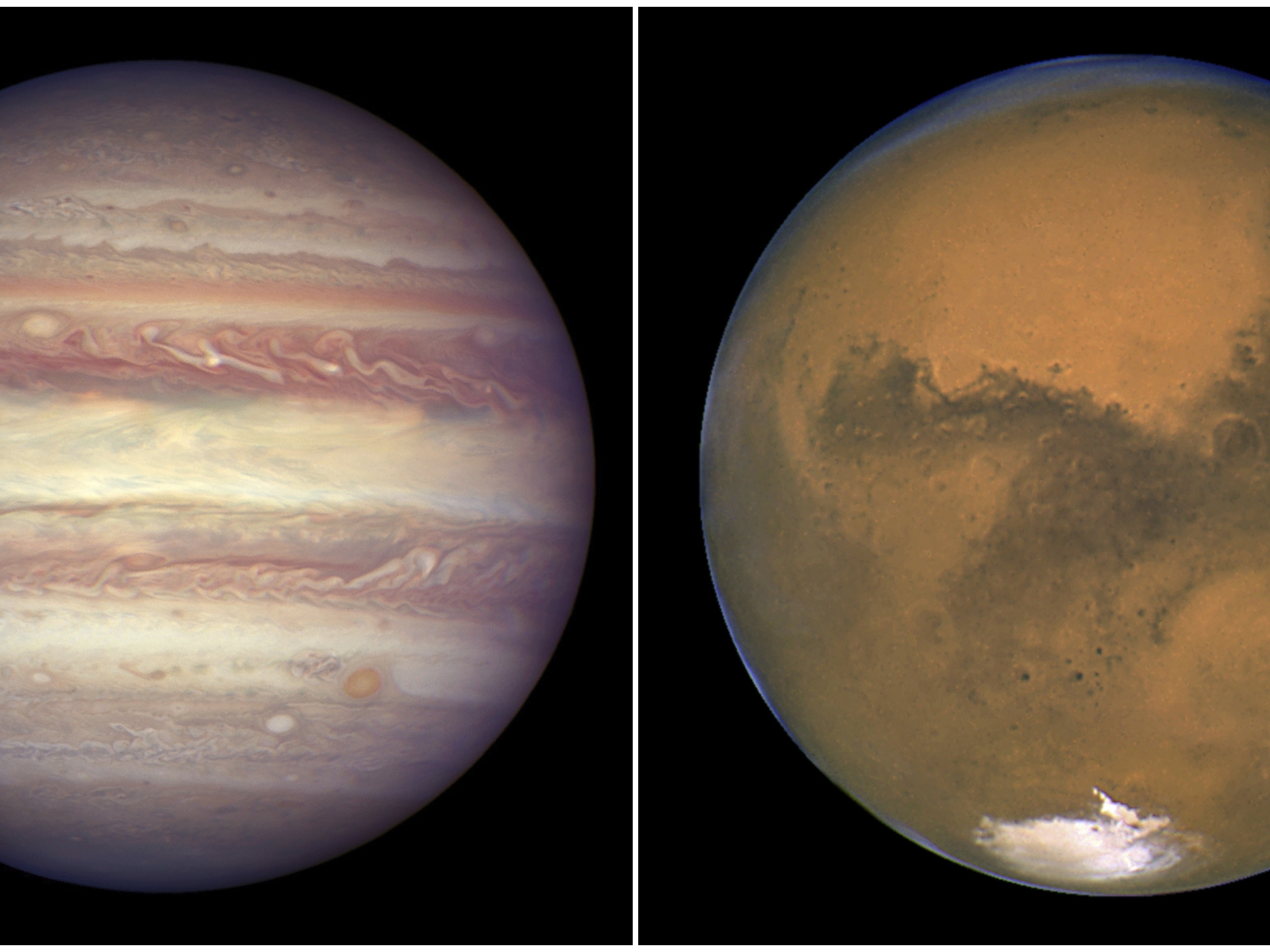 caption: This combination image, created from two photos provided by NASA, shows Jupiter in 2017 (left) and Mars in 2003. From Earth, the two planets will appear to be almost touching later this week.