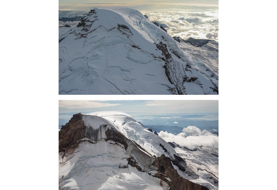 caption: The summit of Washington's Mount Baker, 17 years apart: Aug. 29, 2004, (above) and Aug. 28, 2021 (below).