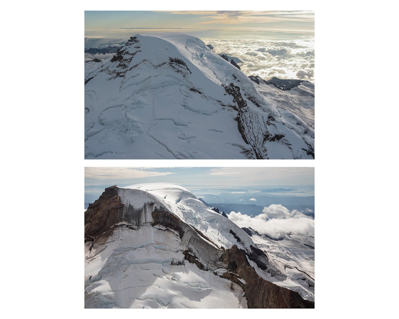 caption: The summit of Washington's Mount Baker, 17 years apart: Aug. 29, 2004, (above) and Aug. 28, 2021 (below).