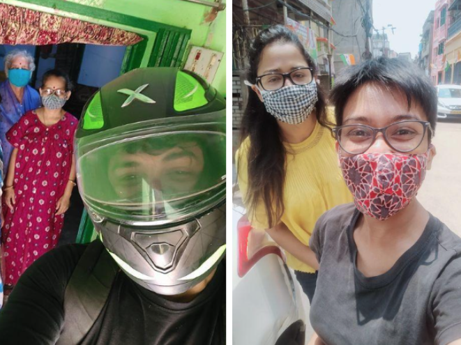 caption: From left: Home cooked food at Srabasti Ghosh's home, ready for delivery. A volunteer delivers food to COVID-19 patients outside their home. Ghosh (right) with a friend who has joined to help.