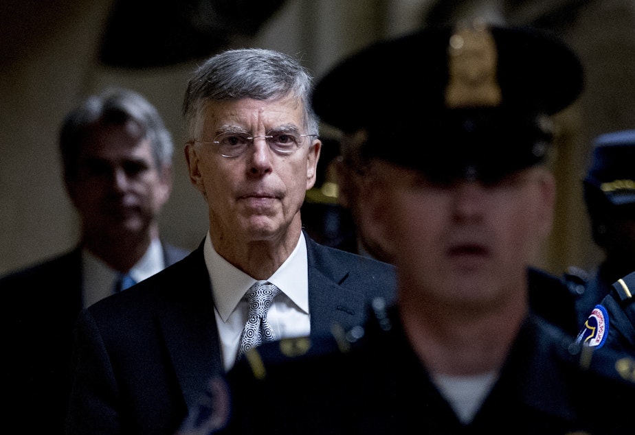 caption: Acting Ukraine Ambassador William Taylor leaves a closed-door meeting on Capitol Hill after testifying as part of the House impeachment inquiry last month.