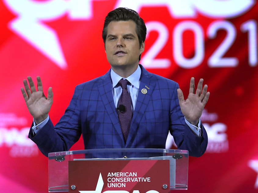 caption: The House Ethics Committee announced Friday that it is investigating allegations against Rep. Matt Gaetz, seen here addressing the Conservative Political Action Conference in February.