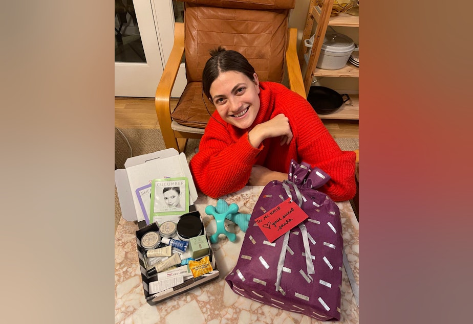 caption: Seattle preschool teacher Toni Ray with her gift ready to go.