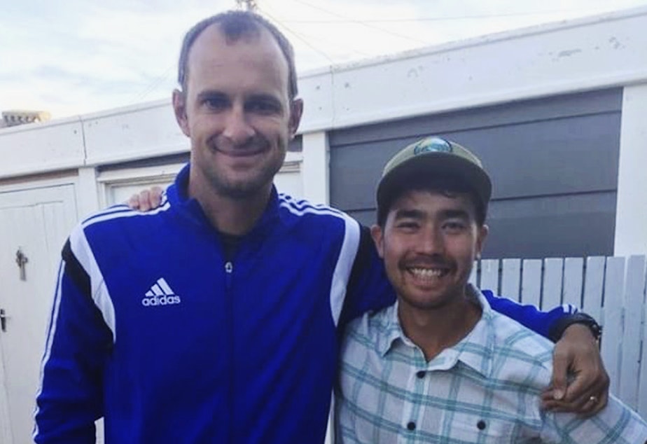 caption: In this October 2018 photo, American adventurer John Allen Chau, right, stands for a photograph with Founder of Ubuntu Football Academy Casey Prince, 39, in Cape Town, South Africa, days before he left for in a remote Indian island of North Sentinel Island, where he was killed.