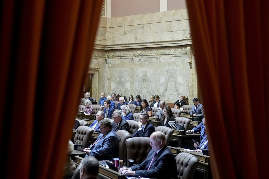 caption: Members of the House convene on the first day of the legislative session at the Washington state Capitol, Monday, Jan. 8, 2024, in Olympia. 