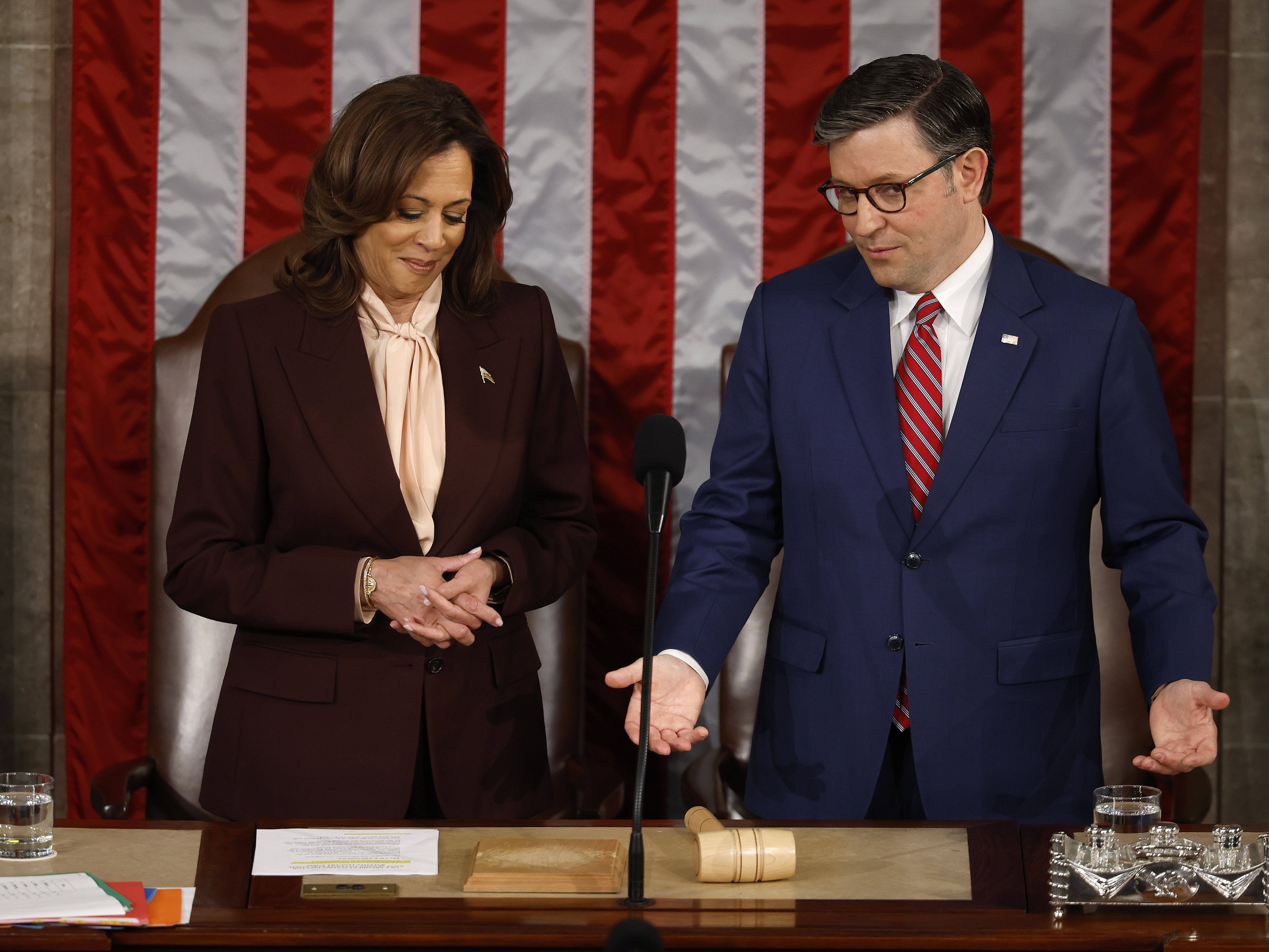 caption: Vice President Harris and speaker of the House Mike Johnson, R-La.,  presided together over a joint session of Congress to certify the 2024 presidential election.