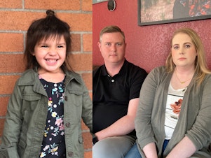 caption: Missing five-year-old Oakley Carlson, left, next to an image of her former foster parents Erik and Jamie Jo Hiles of Elma, Washington. The couple has concerns about how Washington's Department of Children Youth and Families handled Oakley's child welfare case and the decision to return the girl to her biological parents. 